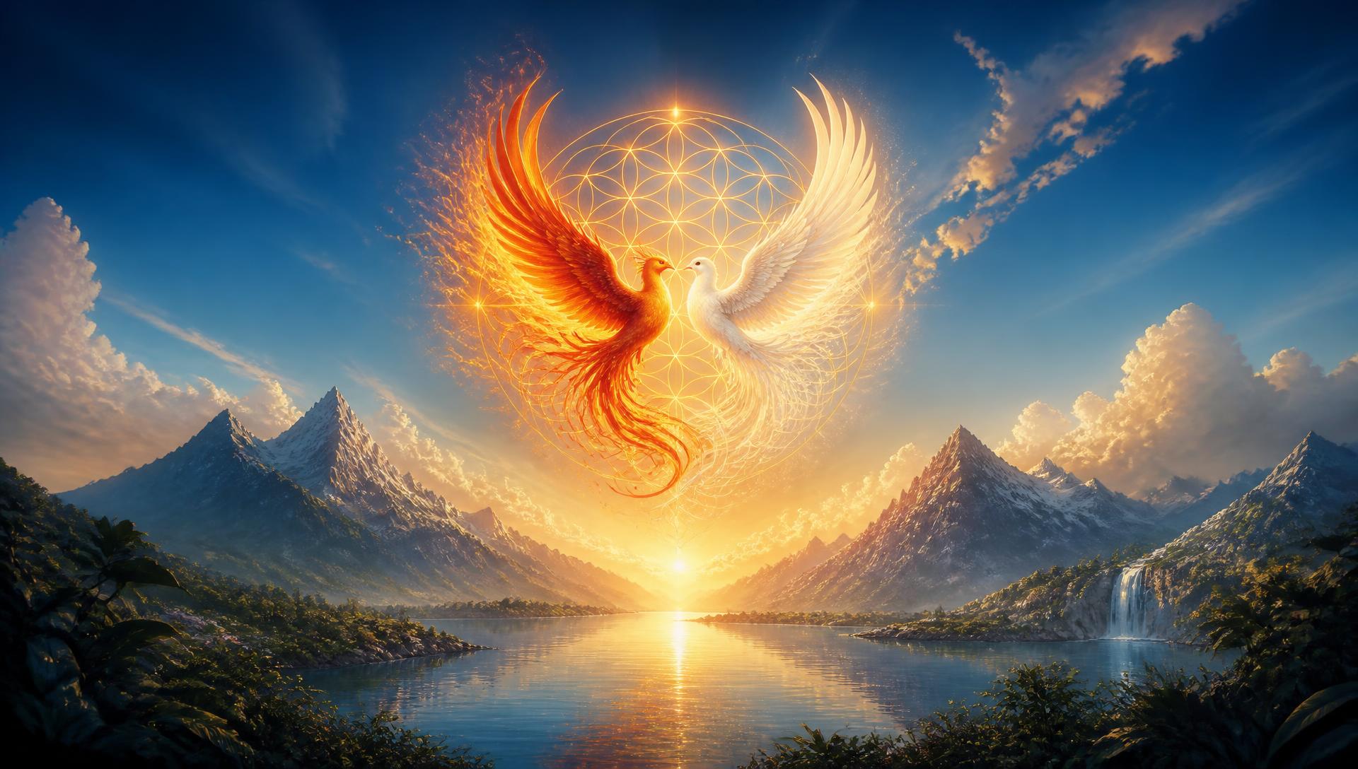 Firebird and white dove united in light above mountains, a river and paradise sky